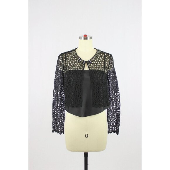 Elie Tahari Sweaters - ELIE TAHARI Black Cotton Broderie Anglaise Beaded Lace Cardigan Sweater, Size 2